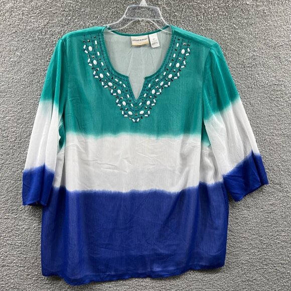 Alfred Dunner Tops - Alfred Dunner Womens Tunic Top 20W White Blue Ombre 3/4 Sleeve Beaded Pullover